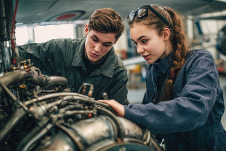 Two young people work on an aircraft engine inside a large hangar. They focus on the machinery and seem to share ideas. The atmosphere is cooperative and educational.の素材