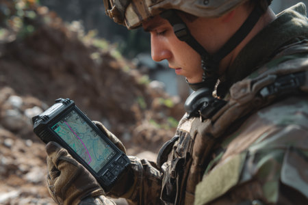 A soldier stands focused while using a portable navigation device in a challenging outdoor environment. The scene highlights technology in modern military operations.の素材