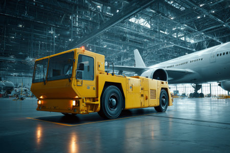 A yellow tug vehicle is positioned beside a large aircraft inside an airport hangar. The setting features bright overhead lights and an industrial ambiance, indicating operational activity.の素材