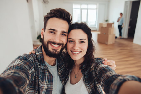 Couple stands close together and smiles joyfully as they begin moving into their new home. Boxes are placed in the background, showing excitement for the new space.の素材