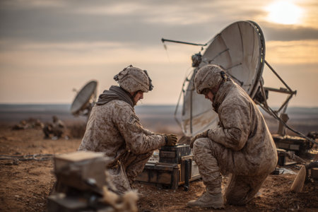 Two soldiers in camouflage uniforms work together on equipment at a military site. Satellite dishes stand in the background as the sun sets over the desert landscape.の素材