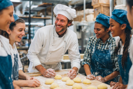 In a lively kitchen, a smiling instructor teaches a group of students how to make dough. Everyone is attentive and enjoying the hands-on baking experience together.の素材