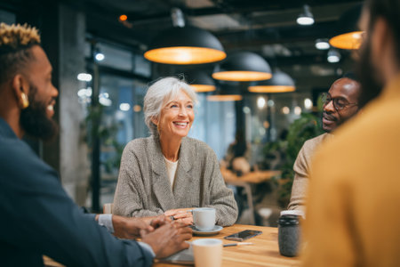 A group of four adults engages in a lively conversation at a modern cafe, enjoying their drinks in a bright and inviting atmosphere.の素材