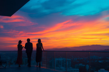 Three friends stand on a rooftop during sunset, admiring the colorful sky. The scene captures silhouettes against vibrant orange and purple hues, creating a peaceful atmosphere.の素材