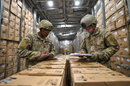 Two military personnel are focused on inspecting cargo inside a large storage container. They are reviewing documents and checking boxes at a logistics facility during a transportation operation.の素材