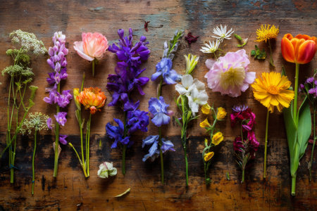 A vibrant assortment of fresh flowers is neatly arranged on a rustic wooden table. Sunlight illuminates the colorful petals, showing their unique shapes and hues.の素材