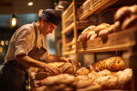 A baker carefully places loaves of bread on wooden shelves in a warm, inviting bakery. The early morning light enhances the cozy atmosphere as the day begins.の素材