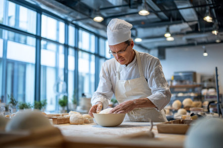 A baker works diligently at a countertop, mixing dough in a bowl surrounded by fresh bread. The bakery has large windows letting in sunlight, creating a warm atmosphere.の素材