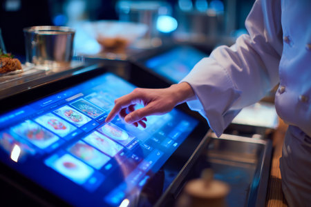 A chef interacts with a large touchscreen menu to choose meal options in a contemporary restaurant kitchen. Bright lights illuminate a busy dining area.の素材