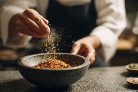 A chef skillfully sprinkles a blend of spices into a stone bowl while preparing a meal in a well-equipped kitchen. The atmosphere is warm and inviting.の素材