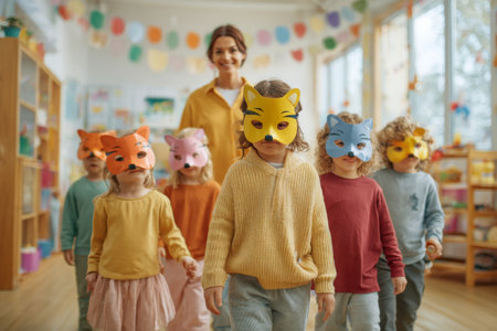 A group of children in colorful clothes walks in a classroom wearing animal masks. Their teacher smiles while guiding them through a cheerful and engaging activity.の素材