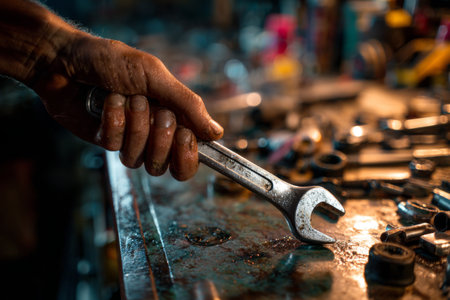 A hand grips a silver wrench in a busy garage filled with various tools and parts scattered on a workbench. The low light creates a focused atmosphere for repairs.の素材