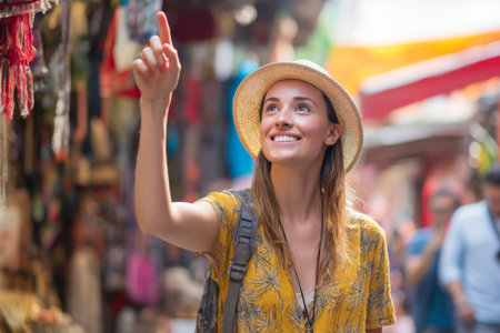 A young woman in a yellow floral shirt and hat smiles while pointing at a colorful stall in a lively market. The setting is filled with vibrant decorations and shoppers.の素材