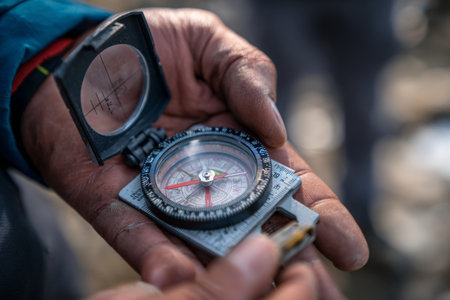 A person holds a compass in their hand, carefully checking their direction while exploring a mountain trail. The early morning sun casts soft shadows, enhancing the landscape.の素材