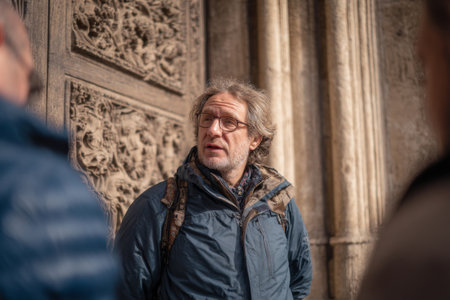 A tour guide stands outside a historic structure, engaging a small group with tales from the past. The detailed carvings on the wall showcase the craftsmanship of a bygone era.の素材