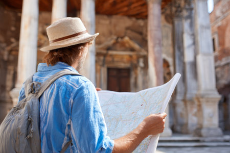 A traveler stands in a historic site, examining a detailed map. The stone columns and ancient architecture create a beautiful backdrop as sunlight filters through.の素材