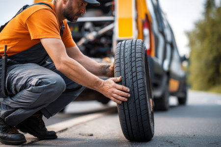 A mechanic kneels on the road, inspecting a tire next to a vehicle. The scene is set in a sunny outdoor environment, emphasizing roadside repair work.の素材