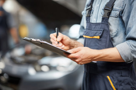 A worker in an auto repair shop wears a blue overall while checking notes on a clipboard. They focus on inspecting a vehicle in the background, showcasing a typical workshop scene.の素材