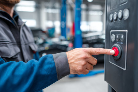 A mechanic presses a red button on a control panel in a busy automotive workshop. The scene shows tools and vehicles in the background, indicating active work.の素材