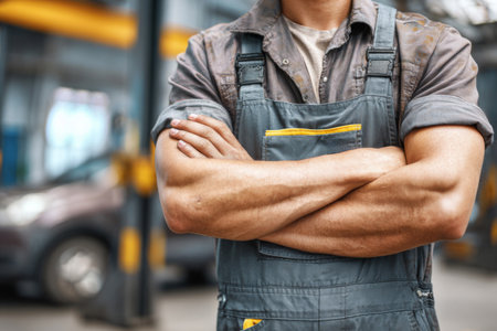 A male worker with strong arms stands confidently with arms crossed in a busy garage setting. The scene is well-lit, showcasing various vehicles in the background.の素材