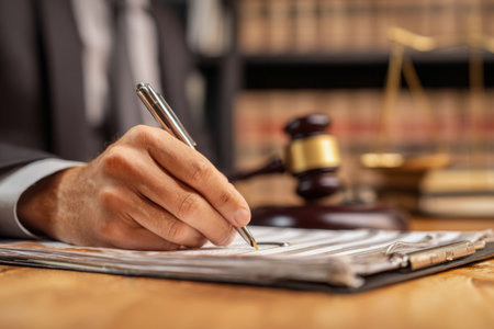 A legal professional focuses on writing notes on a legal pad. Behind is a shelf of law books and a gavel, indicating a courtroom atmosphere.の素材