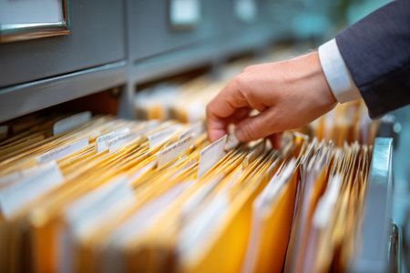 A person is sorting through a cluttered office drawer filled with yellow file folders. The atmosphere is professional, and the individual appears focused and diligent.の素材