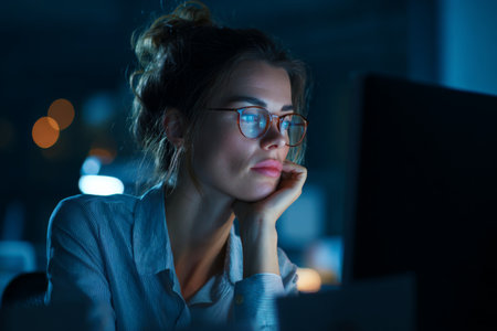 A woman with glasses sits at a desk illuminated by a computer screen. She is deep in thought, surrounded by soft blue light, working late during the night in an office setting.の素材