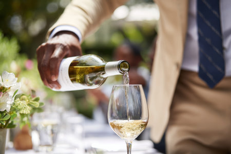 A well-dressed individual pours white wine into a glass at a beautifully arranged outdoor table. The setting features greenery and cheerful decor, creating a warm atmosphere.の素材