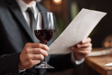 A man dressed in a suit holds a glass of red wine while looking at a menu in a warm, inviting restaurant. The ambiance is relaxed and intimate, perfect for dining.の素材