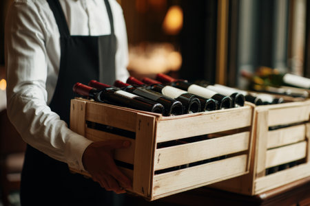 A waiter in a formal shirt and apron holds two wooden crates filled with red wine bottles. The setting is a warm restaurant with soft lighting, creating a welcoming atmosphere.の素材