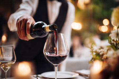 A waiter in formal attire pours a rich red wine into a crystal glass at a beautifully set table. Soft candlelight illuminates the elegant restaurant ambiance, creating a warm atmosphere.の素材