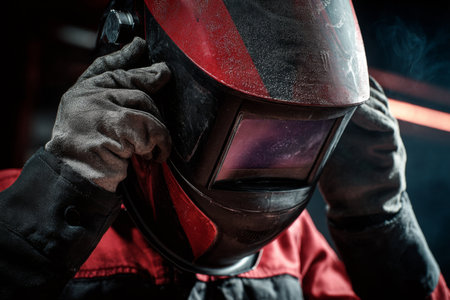 A welder is in the process of adjusting their safety helmet in a dimly lit workshop. The work area is filled with tools and equipment, showcasing the craftsmanship involved in welding.の素材