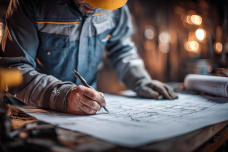A worker is focused on drafting detailed architectural plans on a large sheet of paper. The workshop is filled with warm light, highlighting the tools nearby and creating a productive atmosphere.の素材