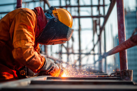 A skilled worker wearing protective gear is welding metal beams on a construction site at sunrise. Sparks fly as sunlight reflects off the metal structures, showcasing the intense labor.の素材