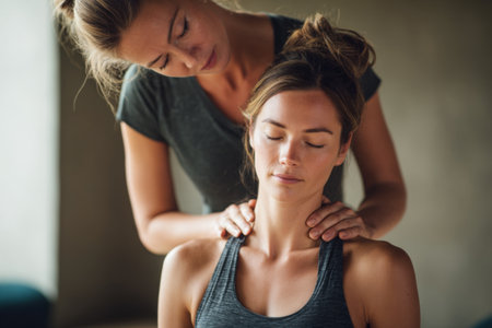Two women are practicing relaxation techniques in a calm indoor setting. One woman is giving a gentle neck massage while the other enjoys the moment of tranquility and relief.の素材