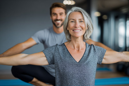 A man and woman practice yoga in a well-lit studio. The woman smiles as she performs a pose, while the man balances in the background, creating a positive and supportive atmosphere.の素材