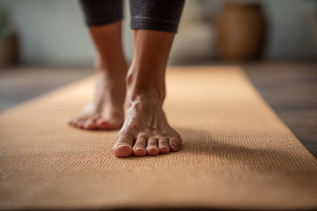 A person is practicing yoga barefoot on a mat in a serene indoor environment. The soft lighting highlights the focus on relaxation and mindfulness.の素材