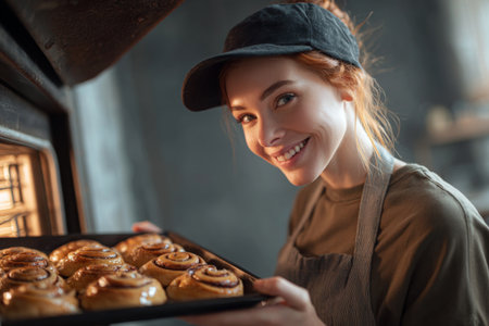 A smiling baker pulls a tray of golden cinnamon rolls from the oven in a warm, inviting bakery. The cozy atmosphere enhances the joy of baking.の素材