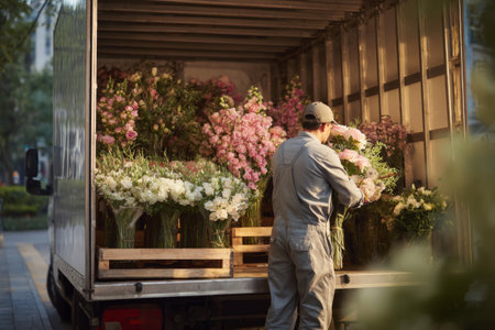 A florist is busy organizing fresh flowers in the back of a delivery truck. The scene captures the vibrant colors of the flowers under warm morning light in a bustling city.の素材