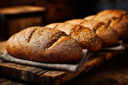 Warm loaves of bread sit on a wooden table, surrounded by a rustic atmosphere. The golden brown crust and texture invite anyone nearby to enjoy fresh baked goodness.の素材
