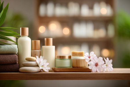 Spa products in various containers displayed on a wooden shelf, creating a calming atmosphere. Soft towels and delicate flowers enhance the serene setting in a wellness space.の素材