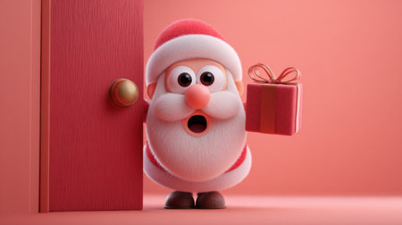A cheerful Santa Claus stands at a vibrant pink door, holding a wrapped present. His eyes are wide with excitement, ready to share joy during the holiday season.の素材
