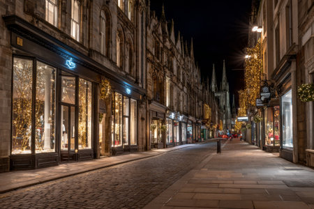 Decorated storefronts shine brightly along a cobblestone street at night. Historic buildings tower above, creating a charming and inviting atmosphere for evening strolls.の素材