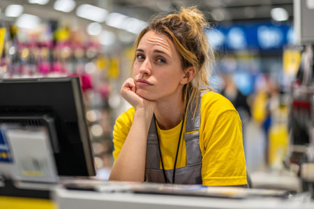A young woman with a thoughtful expression rests her chin on her hand while standing at a retail checkout. Brightly lit store shelves are visible in the background.の素材