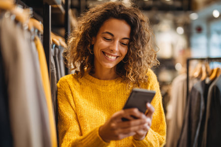 A woman with curly hair wears a bright yellow sweater while enjoying her smartphone in a modern fashion store. Clothing hangs on racks around her as she looks delighted.の素材