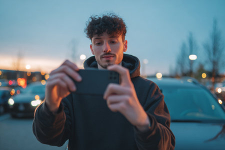 A young man stands in a parking lot during twilight, taking a selfie with his phone. Dim lights from nearby cars illuminate the scene as dusk settles.の素材