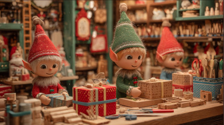 Three cheerful elves work diligently in a festive workshop, wrapping gifts and assembling toys surrounded by colorful decorations and tools. The warm atmosphere reflects holiday spirit.の素材