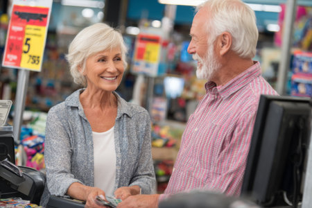 A smiling elderly couple engages in a warm conversation while checking out at a busy store in the afternoon. They seem happy and relaxed during their shopping trip.の素材