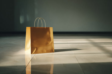 A shopping bag sits alone on a smooth tiled floor with sunlight streaming in, casting soft shadows around it. The scene is calm and minimalistic, suggesting recent shopping.の素材