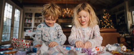 Two children unwrap colorful holiday presents in a warm living room filled with festive decorations. Laughter fills the air as they discover their surprises.の素材
